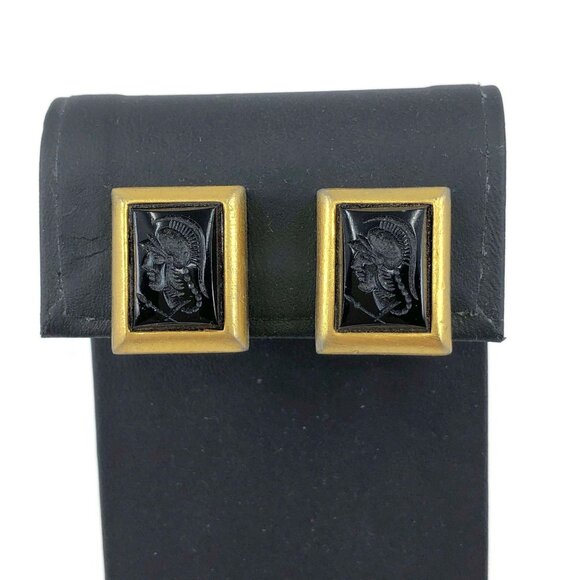 Clip On Earrings, Square Black Glass Intaglio Earrings, Vintage Clips - Picture 1 of 11